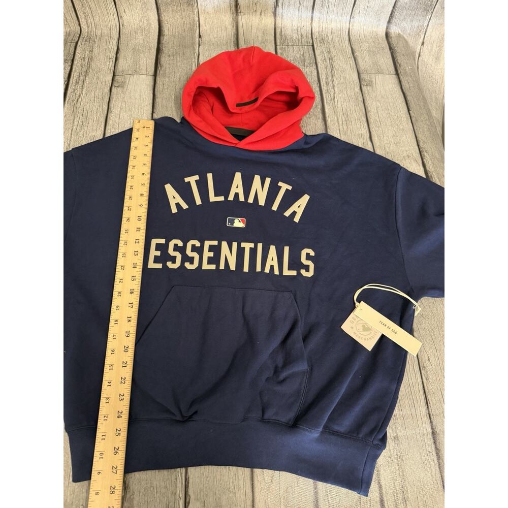 NWT Men’s Fear of God Essentials Atlanta Braves MLB Hoodie Sz Large Navy/Red - Picture 10 of 11
